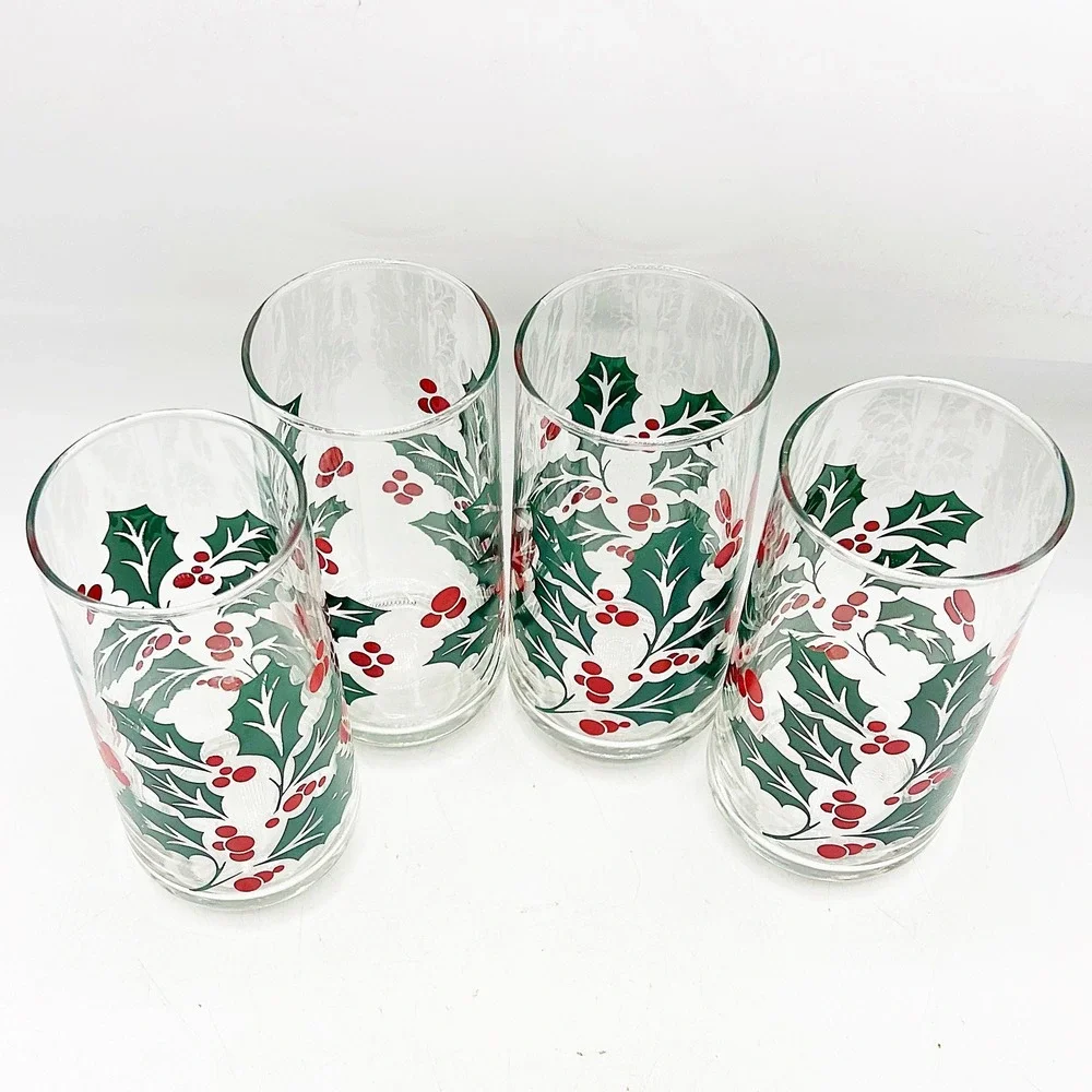 Libbey Christmas Holly Berry‎ Tumbler Glasses Set of 4 Clear Crisa